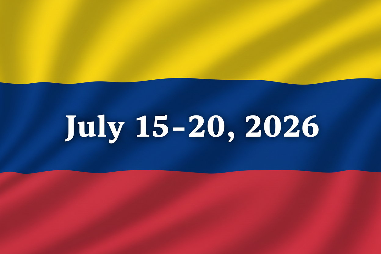 Colombia flag with July 15-20, 2026 dates